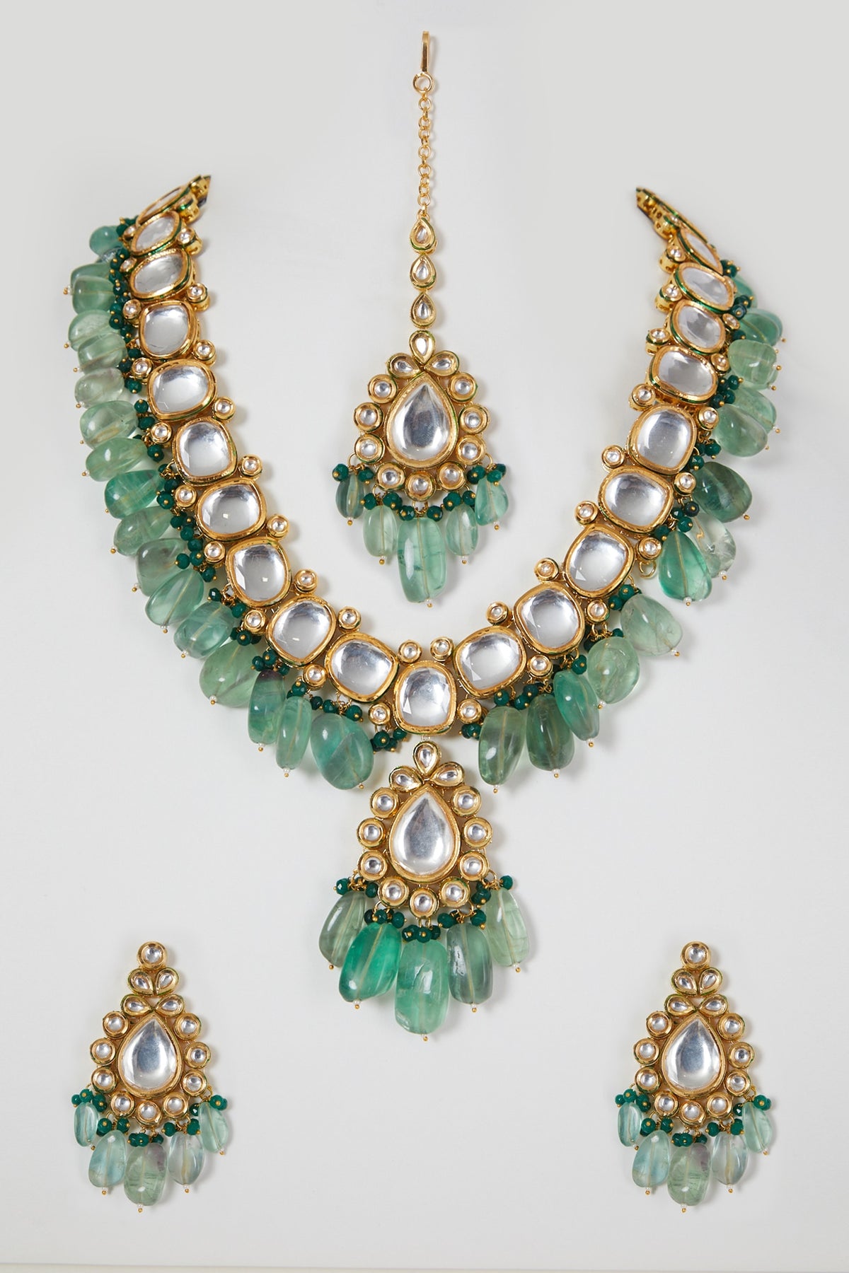 Gold Finish Kundan Polki & Green Beaded Necklace Set