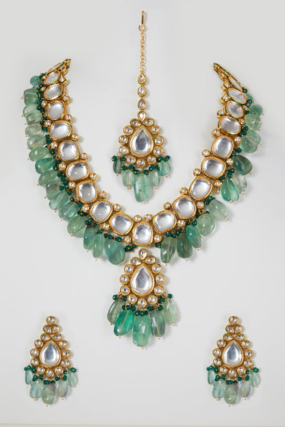 Gold Finish Kundan Polki & Green Beaded Necklace Set