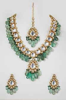 Gold Finish Kundan Polki & Green Beaded Necklace Set