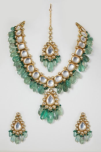 Gold Finish Kundan Polki & Green Beaded Necklace Set