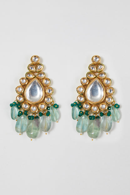 Gold Finish Kundan Polki & Green Beaded Necklace Set