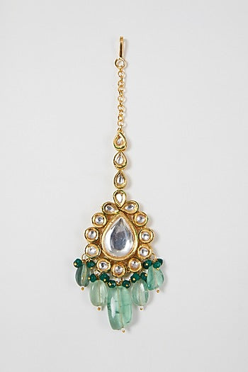 Gold Finish Kundan Polki & Green Beaded Necklace Set
