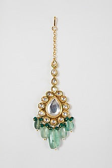 Gold Finish Kundan Polki & Green Beaded Necklace Set