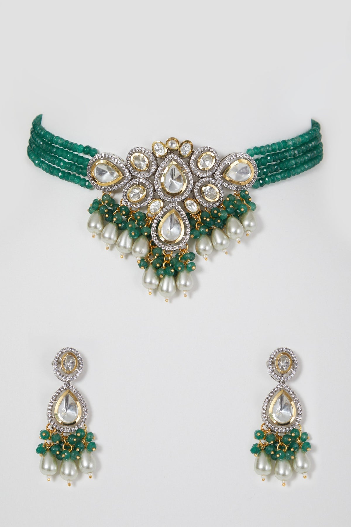 Two-Tone Rhodium Finish Zircon & Kundan Polki Choker Necklace Set