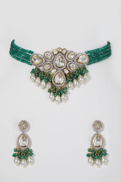 Two-Tone Rhodium Finish Zircon & Kundan Polki Choker Necklace Set