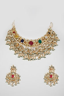 Gold Finish Kundan Polki & Navratna Stone Necklace Set