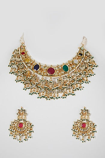 Gold Finish Kundan Polki & Navratna Stone Necklace Set