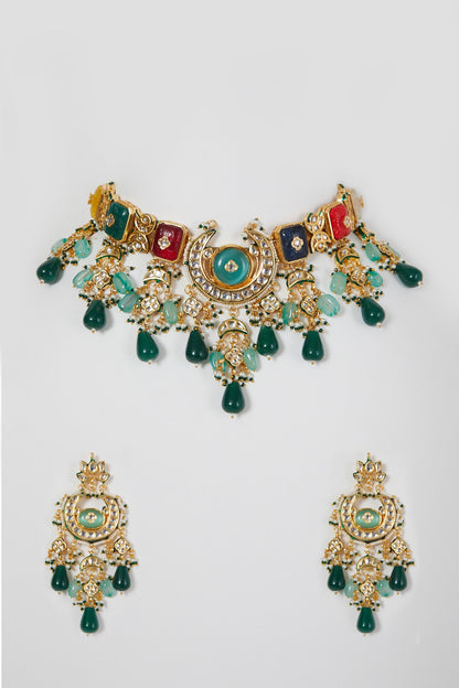 Gold Finish Multi-Colored Stone Necklace Set