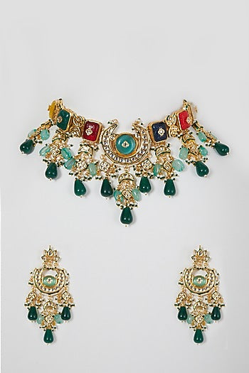 Gold Finish Multi-Colored Stone Necklace Set