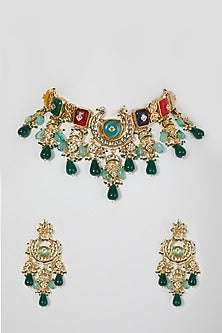 Gold Finish Multi-Colored Stone Necklace Set