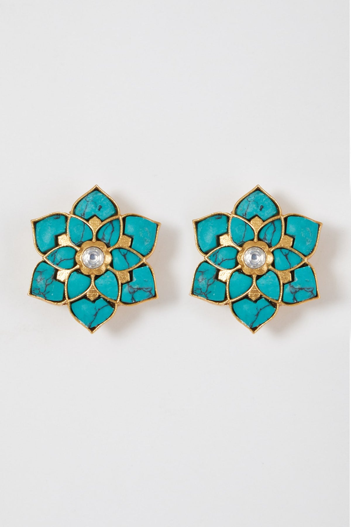 Gold Finish Turquoise Stone Floral Stud Earrings