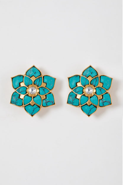 Gold Finish Turquoise Stone Floral Stud Earrings