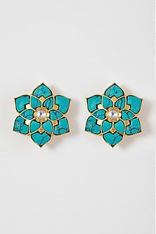Gold Finish Turquoise Stone Floral Stud Earrings