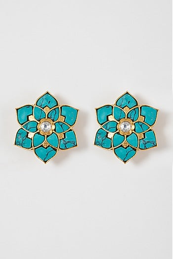 Gold Finish Turquoise Stone Floral Stud Earrings