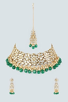 Gold Finish Kundan Polki & Green Drop Necklace Set