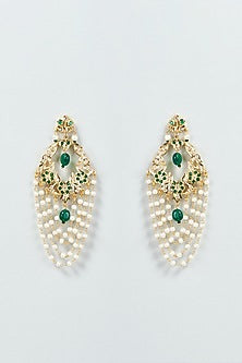 Gold Finish Pearl & Green Stone Chandbali Earrings