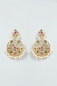 Gold Finish Kundan Polki & Multi-Colored Stone Chandbali Earrings