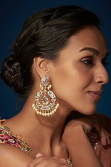 Gold Finish Kundan Polki & Multi-Colored Stone Chandbali Earrings