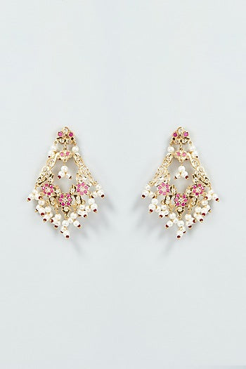 Gold Finish Kundan Polki & Pearl Dangler Earrings