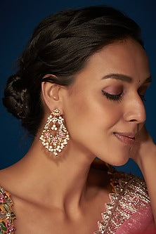 Gold Finish Kundan Polki & Pearl Dangler Earrings