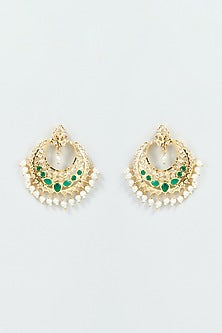 Gold Finish Kundan Polki & Green Stone Chandbali Earrings