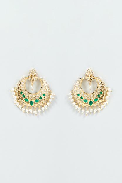 Gold Finish Kundan Polki & Green Stone Chandbali Earrings