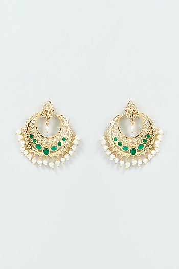Gold Finish Kundan Polki & Green Stone Chandbali Earrings