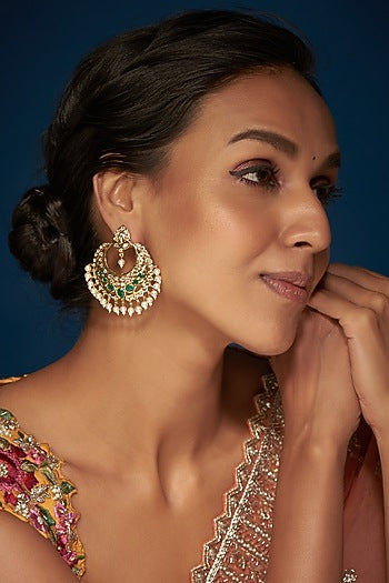 Gold Finish Kundan Polki & Green Stone Chandbali Earrings