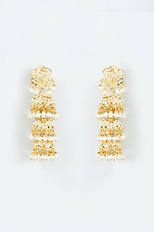 Gold Finish Kundan Polki & Pearl Jhumka Earrings