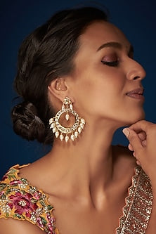 Gold Finish Kundan Polki & Pearl Chandbali Earrings