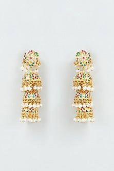 Gold Finish Kundan Polki & Pearl Jhumka Earrings
