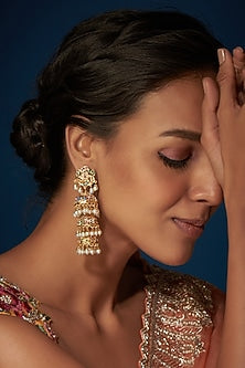 Gold Finish Kundan Polki & Pearl Jhumka Earrings