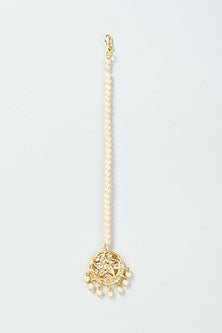 Gold Finish Kundan Polki & Pearl Maang Tikka