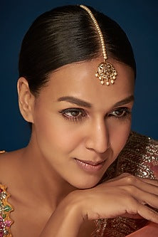Gold Finish Kundan Polki & Pearl Maang Tikka