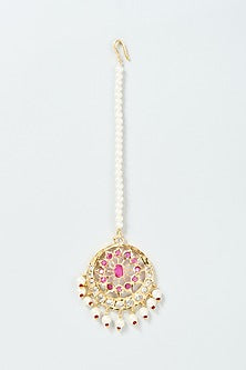 Gold Finish Kundan Polki & Pink Stone Maangtikka