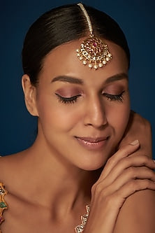 Gold Finish Kundan Polki & Pink Stone Maangtikka