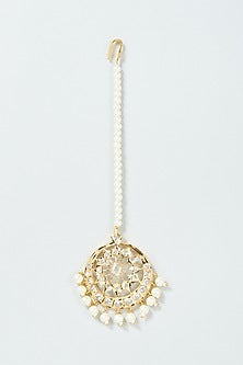 Gold Finish Kundan Polki & Pearl Maang Tikka