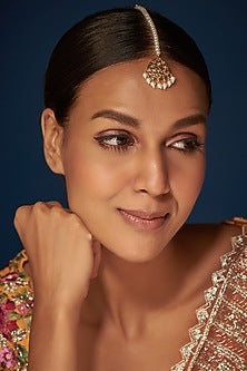Gold Finish Kundan Polki & Pearl Maang Tikka