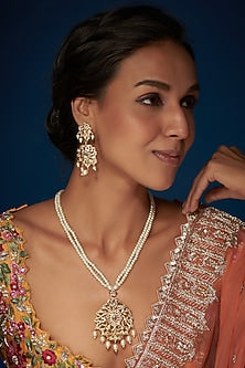 Gold Finish Kundan Polki & Pearl Long Necklace Set