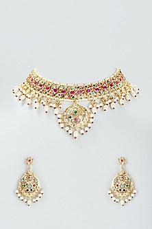 Gold Finish Kundan Polki & Multi-Colored Stone Choker Necklace Set