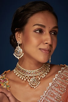 Gold Finish Kundan Polki & Multi-Colored Stone Choker Necklace Set