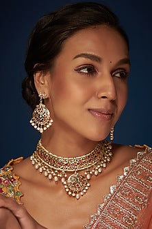 Gold Finish Kundan Polki & Multi-Colored Stone Choker Necklace Set