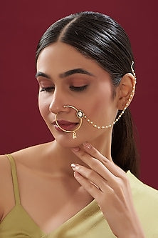 Gold Finish Kundan Polki & Pearl Nose Ring