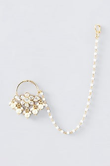 Gold Finish Kundan Polki & Pearl Nose Ring