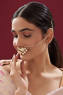 Gold Finish Kundan Polki & Pearl Nose Ring
