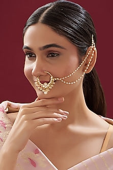 Gold Finish Kundan Polki & Pearl Nose Ring