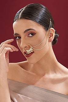 Gold Finish Kundan Polki & Pearl Nose Ring