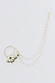 Gold Finish Kundan Polki & Pearl Nose Ring