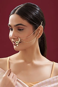 Gold Finish Kundan Polki & Pearl Nose Ring