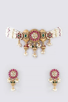 Gold Finish Kundan Polki & Pearl Choker Necklace Set